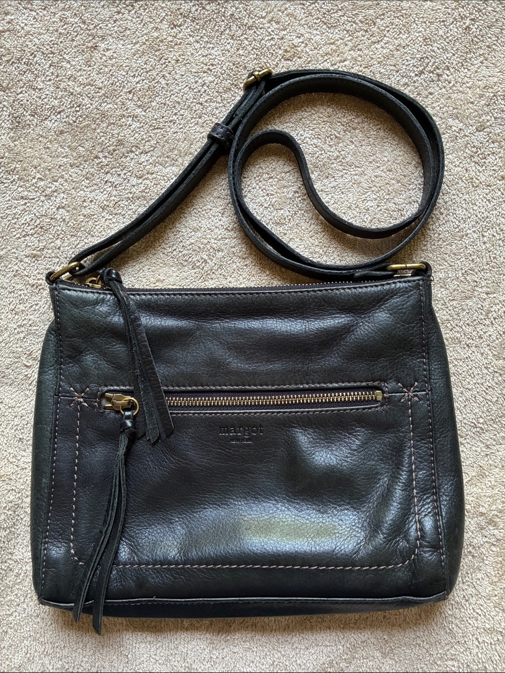 Margot Black Leather Crossbody with Tassel Zip Pocket